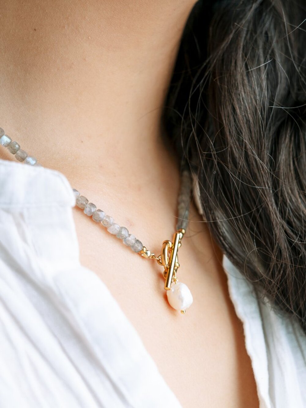 Labradorite Beaded Necklace Gold Toggle Clasp Pearl Pendant Waterproof Jewelry - Picture 10 of 13